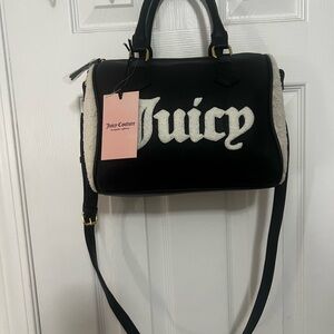 NWT Juicy Couture Black & White Logo Shearling Trim Satchel